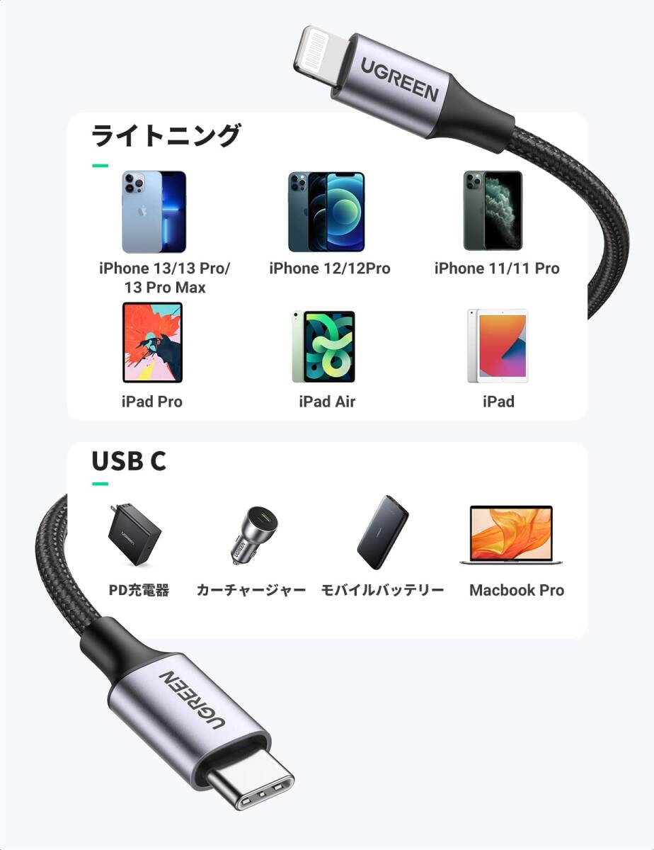 UGREEN USB-C Lightningケーブル【MFi認証取得 PD対応 1M】急速充電 ライトニングケーブル 高耐久 ナイロン編みiPhone 14 / iPhone_画像5