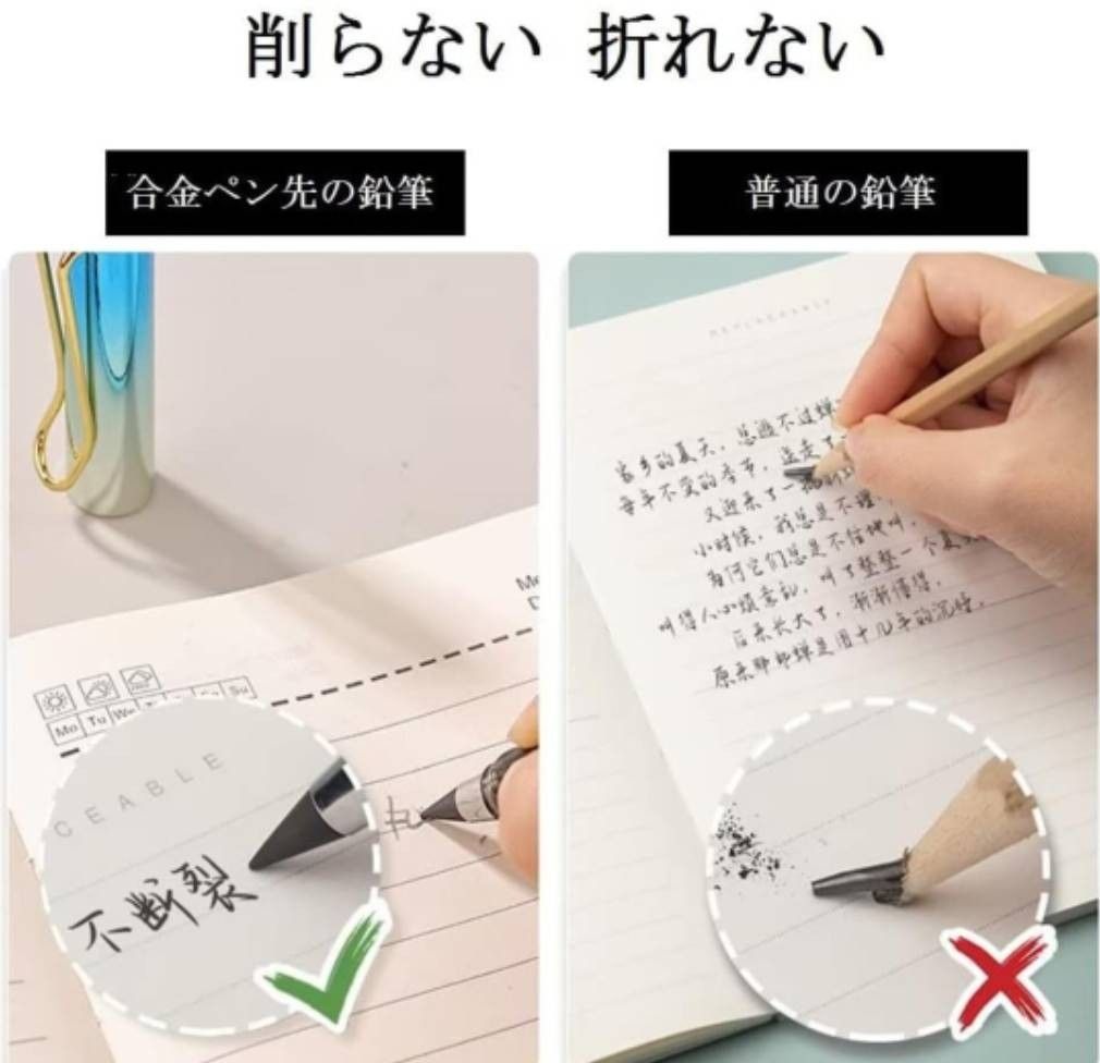 無限鉛筆 5本セット えんぴつ 金属先端 削らない鉛筆 芯なし 筆跡消去可能なえんぴつ 消しゴム付き