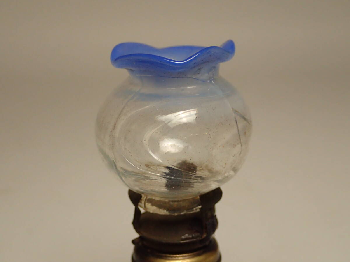 B-513 豆ランプ ブルーガラス 金魚鉢火屋 青ガラス ガラスランプ 珍品 レトロ アンティークの画像8