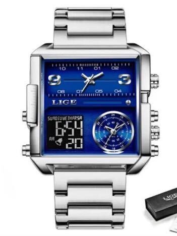【新品】LIGE オマージュウォッチ メンズ腕時計 紺色 防水 クォーツ デジタル デュアルタイム 高級感 ネコポス発送！の画像1
