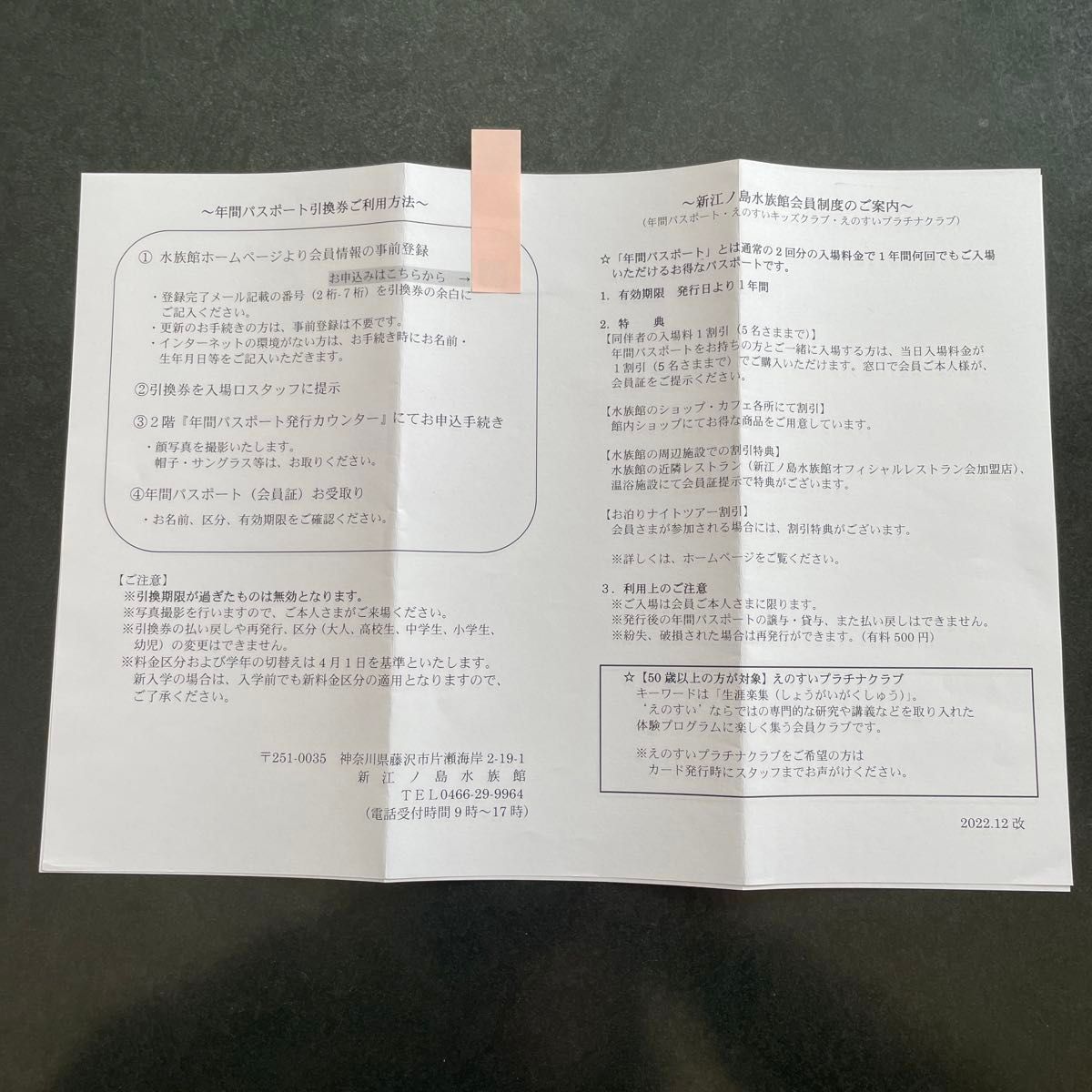 新江ノ島水族館　年間パスポート会員証引換券　2枚セット