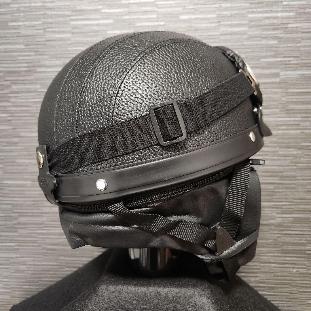 レザー調 ヘルメット ゴーグル付 ヴィンテージ ブラック 半ヘル キャップ ダックテール フリーサイズの画像4