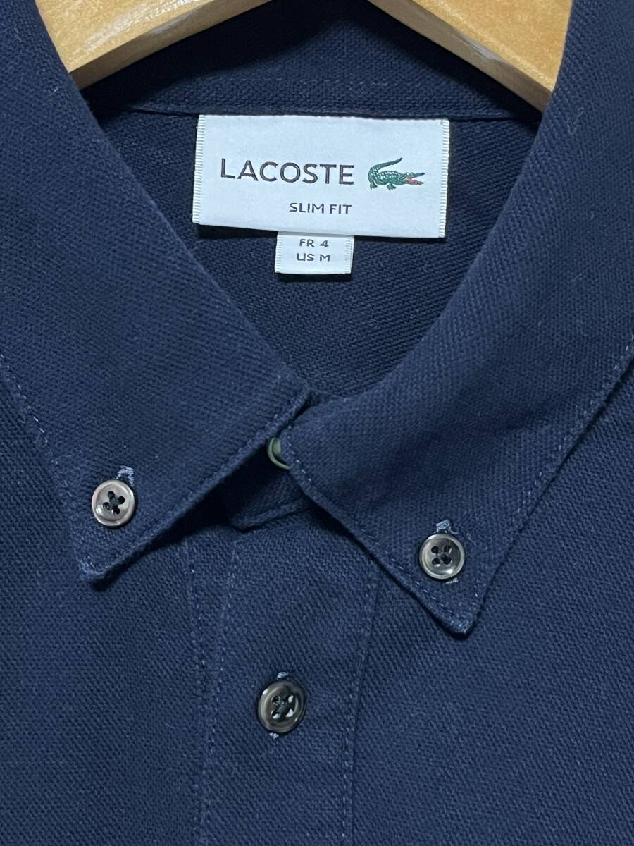 美品/薄手★LACOSTE/ラコステ SLIM FIT ボタンダウン 半袖 ポロシャツ ネイビー FR 4 US Mの画像3