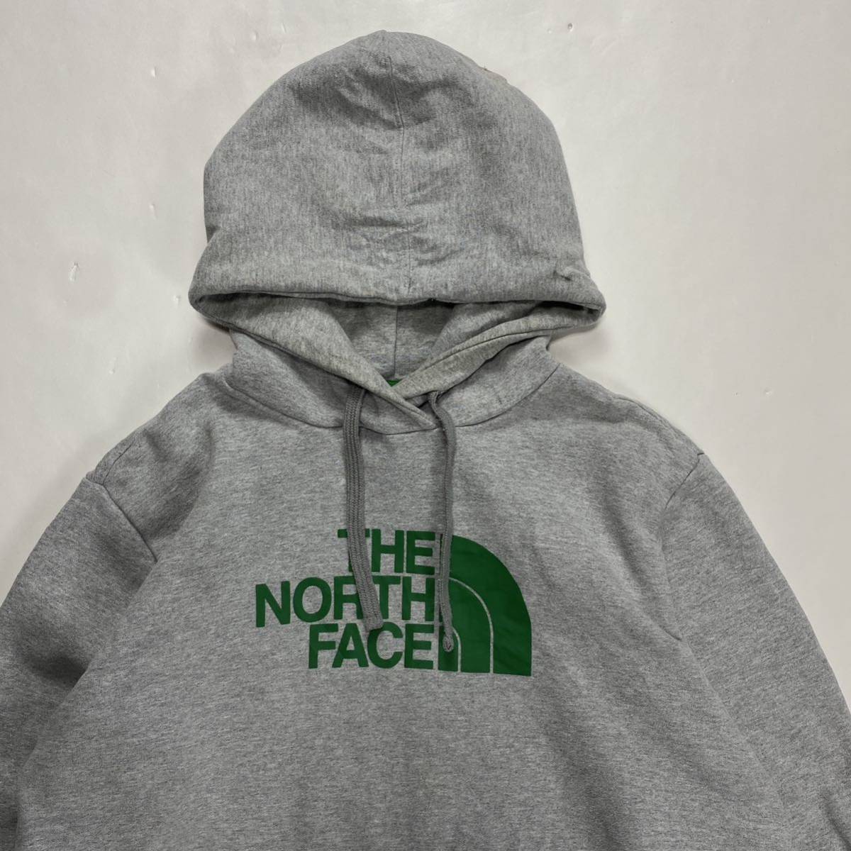 THE NORTH FACE ザ・ノースフェイス ビッグロゴ プルオーバーパーカー スウェット グレー×グリーン L_画像3