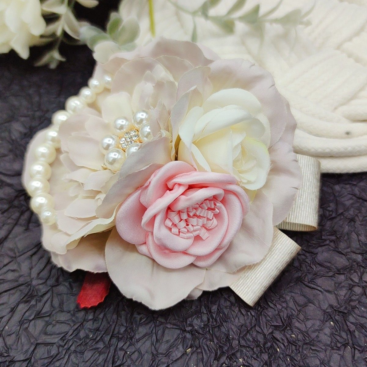 コサージュ ブローチ カメリア ハンドメイド 卒業 結婚式 3色花 ピンクパープル