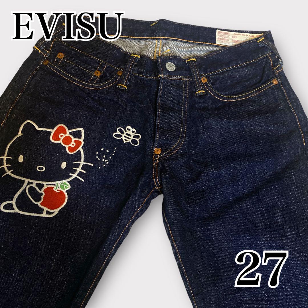 【激レア】EVISU エヴィス エビス ハローキティ キティーちゃん デニム ジーパン サンリオ 濃紺 カモメ リボン 赤耳 ペイント 刺繍 27 M_画像1