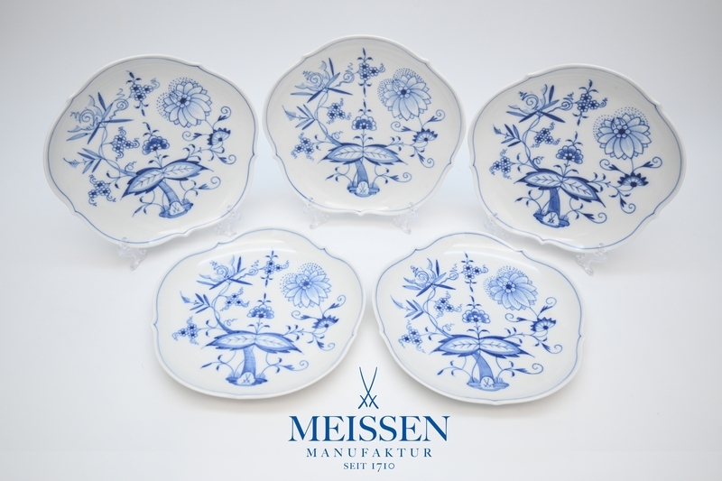 マイセン MEISSEN ドイツ■ ブルーオニオン 輪花皿 プレート[径約18.5㎝ ] 5枚 ■ 磁器製 皿 柘榴 木箱入り №9573■