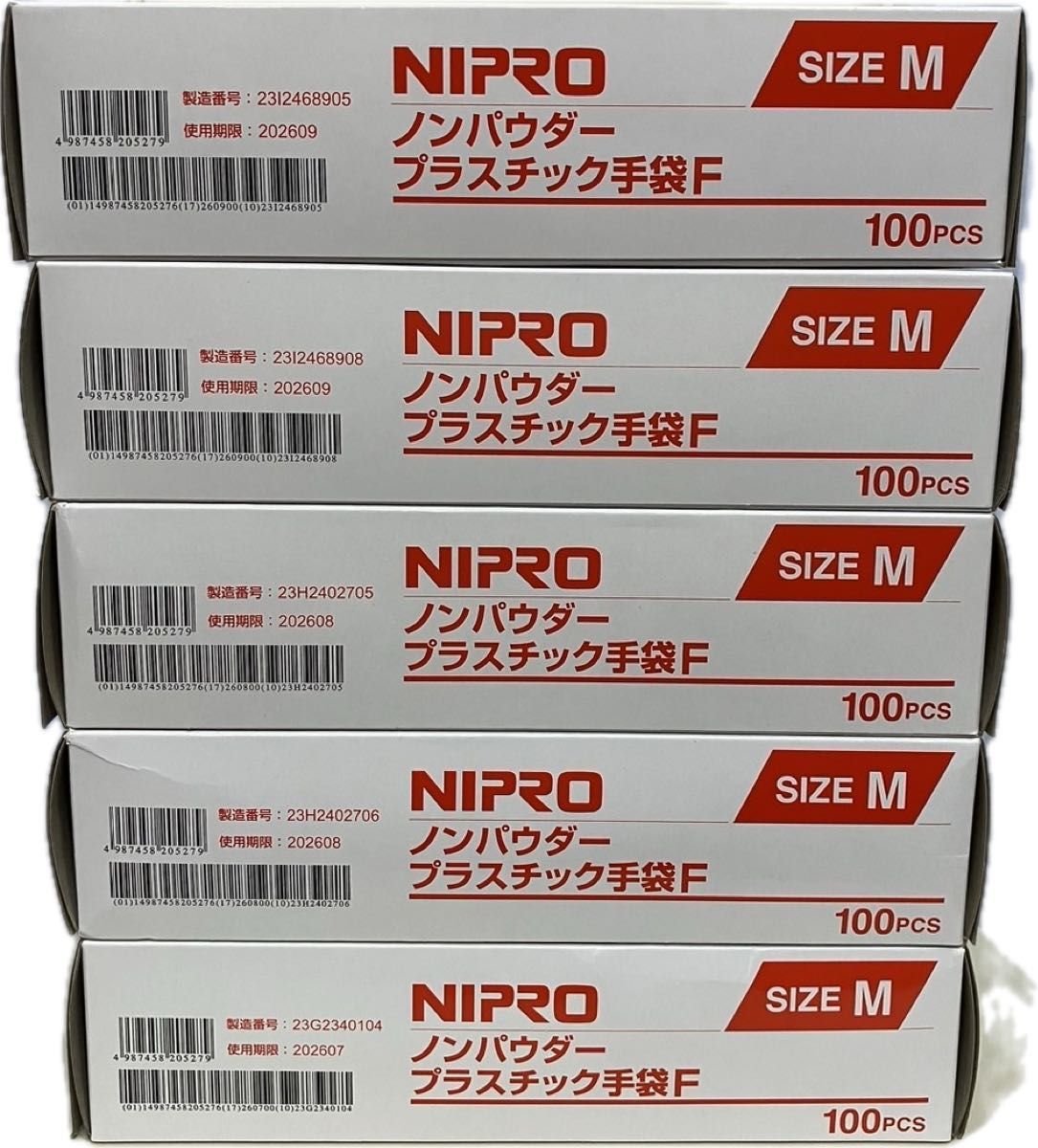 5 箱 ニプロ ノンパウダープラスチック手袋F Mサイズ 100枚入