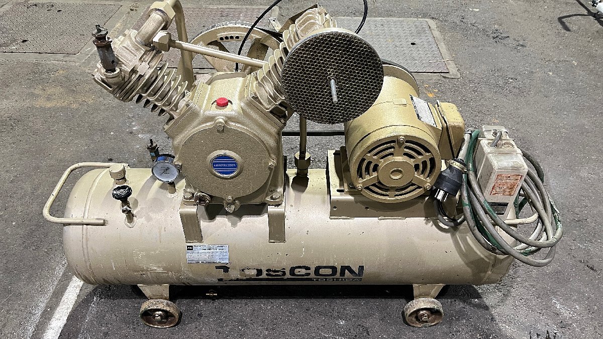 ★中古★東芝 TOSHIBA トスコン TOSCON エアーコンプレッサー 3馬力 SP106-22T4 2段圧縮 200V三相 80L 動作好調 エアツール 農業 整備)倉a