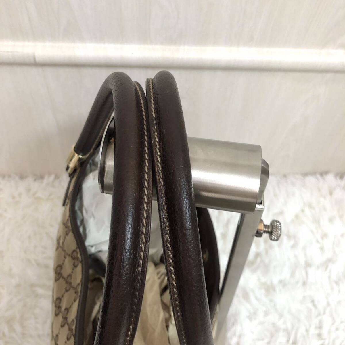 極美品/希少●グッチ GUCCI トートバッグ ハンドバッグ メンズ ビジネス 大容量 GGキャンバス シェリーライン レザー 本革 金具 ブラウン _画像6