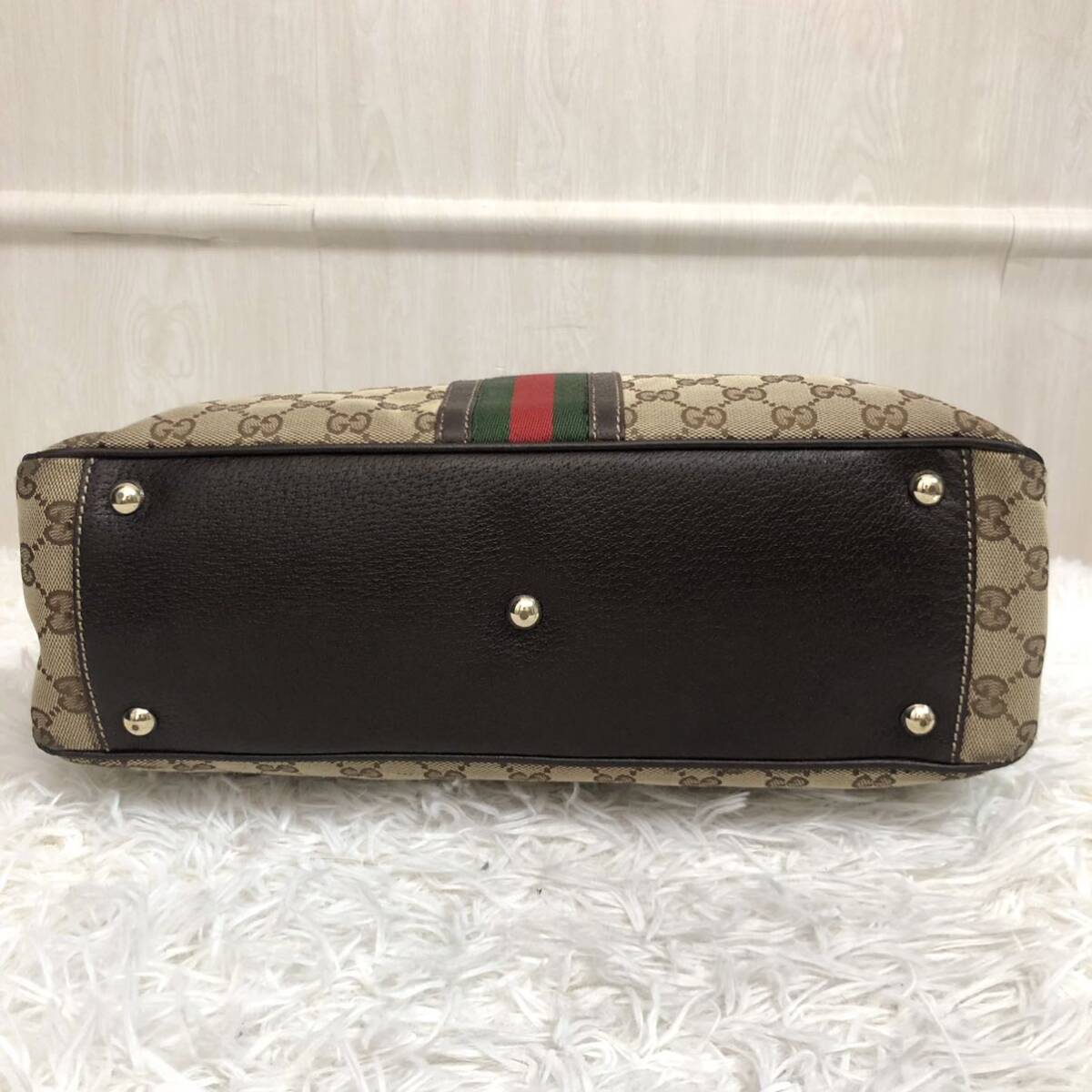 極美品/希少●グッチ GUCCI トートバッグ ハンドバッグ メンズ ビジネス 大容量 GGキャンバス シェリーライン レザー 本革 金具 ブラウン _画像7