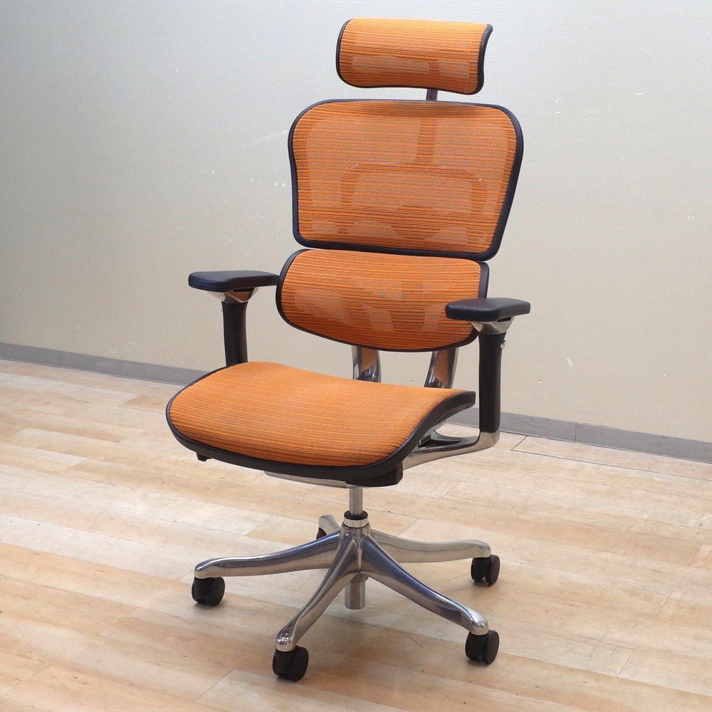 Ergohuman PRO エルゴヒューマン 肘付きオフィスチェア オレンジ 事務椅子 高級 ワーク ヘッドレスト メッシュ KK12673 中古オフィス家具の画像1