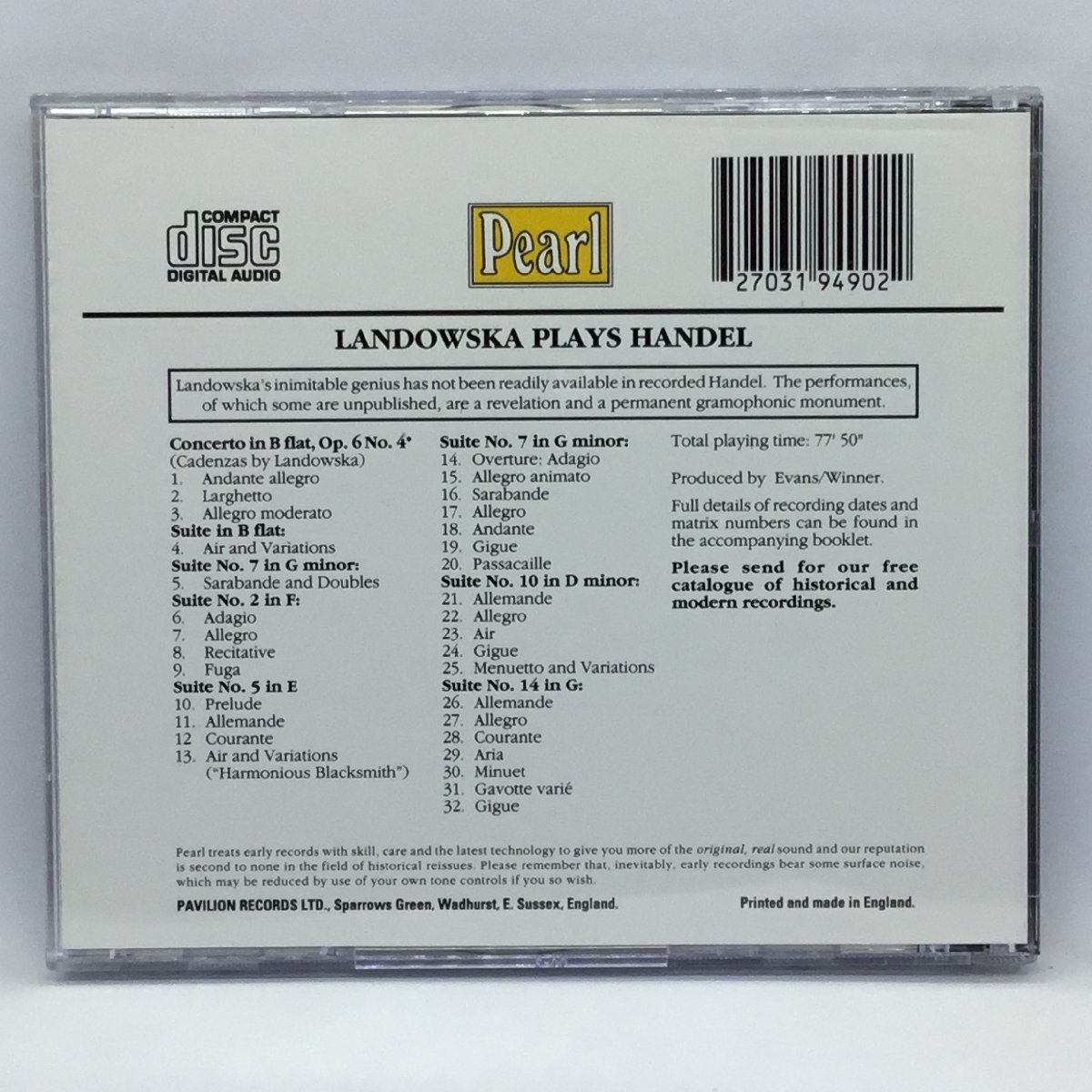 ワンダ・ランドフスカ / ランドフスカ・プレイズ・ヘンデル (CD) GEMMCD9490の画像2