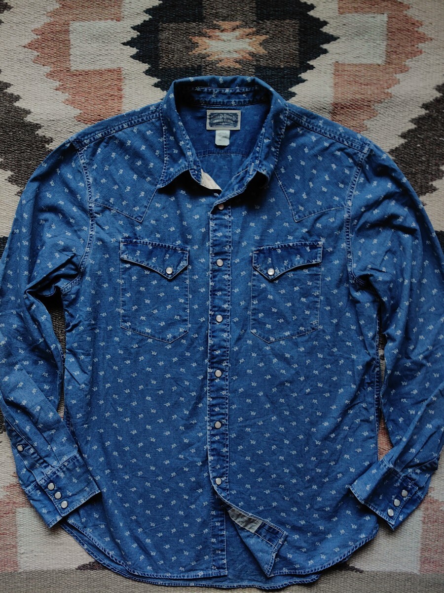 名作 RRL Indigo Cotton Western Shirt 本藍染め 日本製生地 インディゴ ウエスタンシャツ コンチョ ロゴ 総柄 ラルフローレン デニム