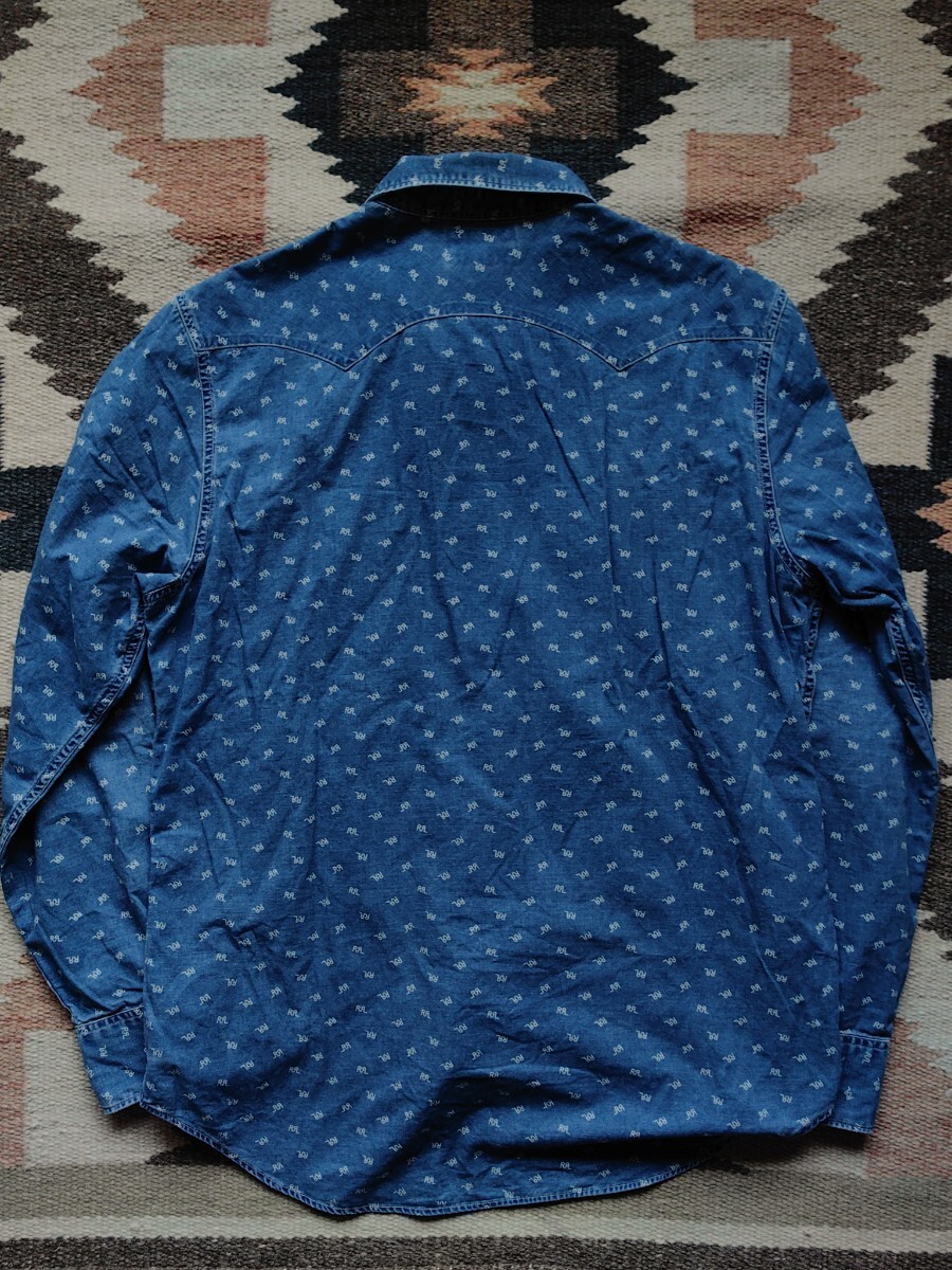 名作 RRL Indigo Cotton Western Shirt 本藍染め 日本製生地 インディゴ ウエスタンシャツ コンチョ ロゴ 総柄 ラルフローレン デニム _画像2