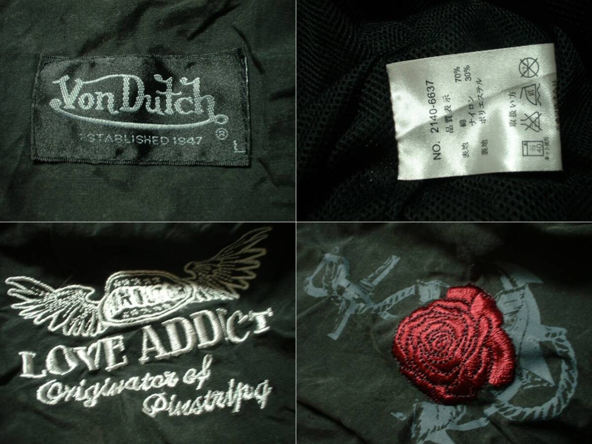 Von Dutch刺繍デコレーションフーデッドフライトジャケットLブラック正規ボンダッチ黒ローズ刺繍バラウイングフットMA-1L-2BN-2BN-3B-15_画像3