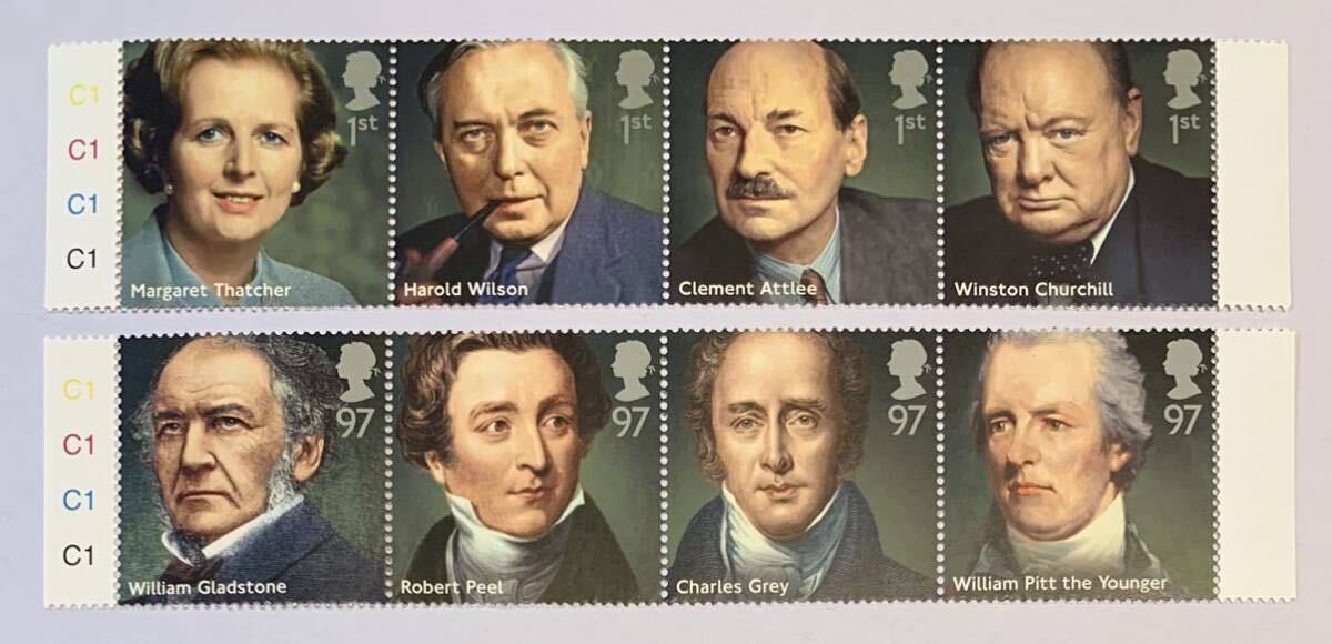 ●【新品】【未使用】外国切手シート　イギリス　2014年英国首相8種（8枚）　匿名配送_画像1