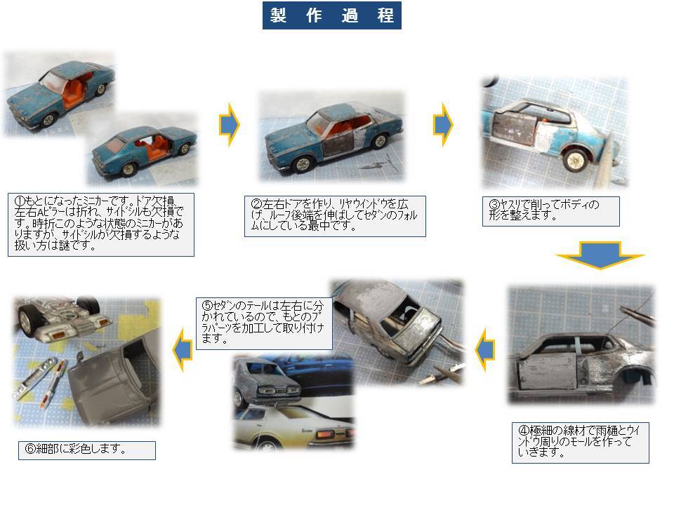 改造ミニカー：610型ブルーバード４ドアセダンSSS ← ２ドアハードトップの画像8