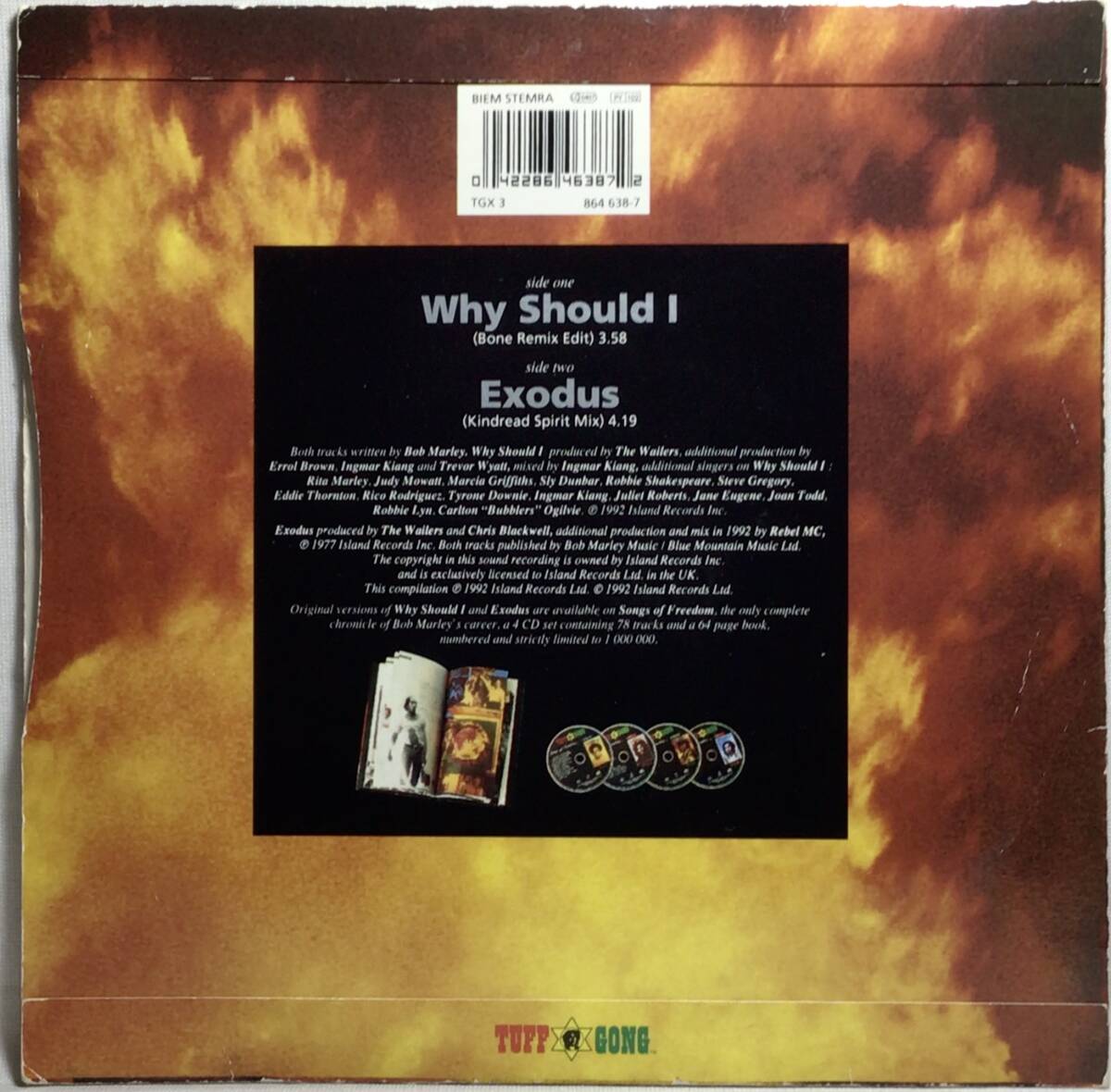【英7】 BOB MARLEY AND THE WAILERS ボブ・マーリー WHY SHOULD I / EXODUS ( KINDREAD SPIRIT MIX 4つ打ち ) 1992 UK盤 7インチ EP 45_画像2