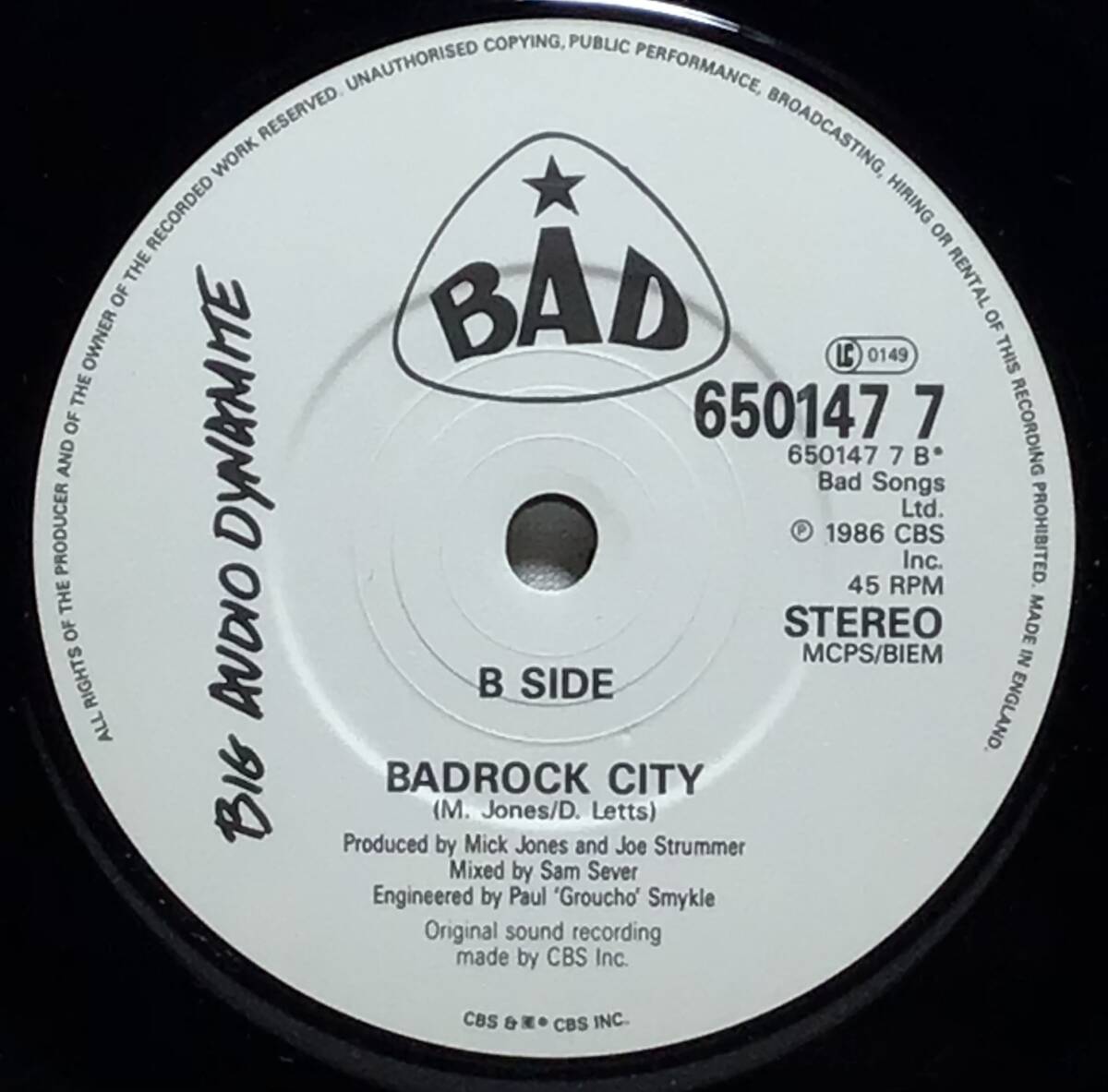 【英7】 BIG AUDIO DYNAMITE / C'MON EVERY BEATBOX / BADROCK CITY / 1986 UK盤 7インチレコード EP 45 BAD THE CLASH MICK JONES 試聴済の画像5