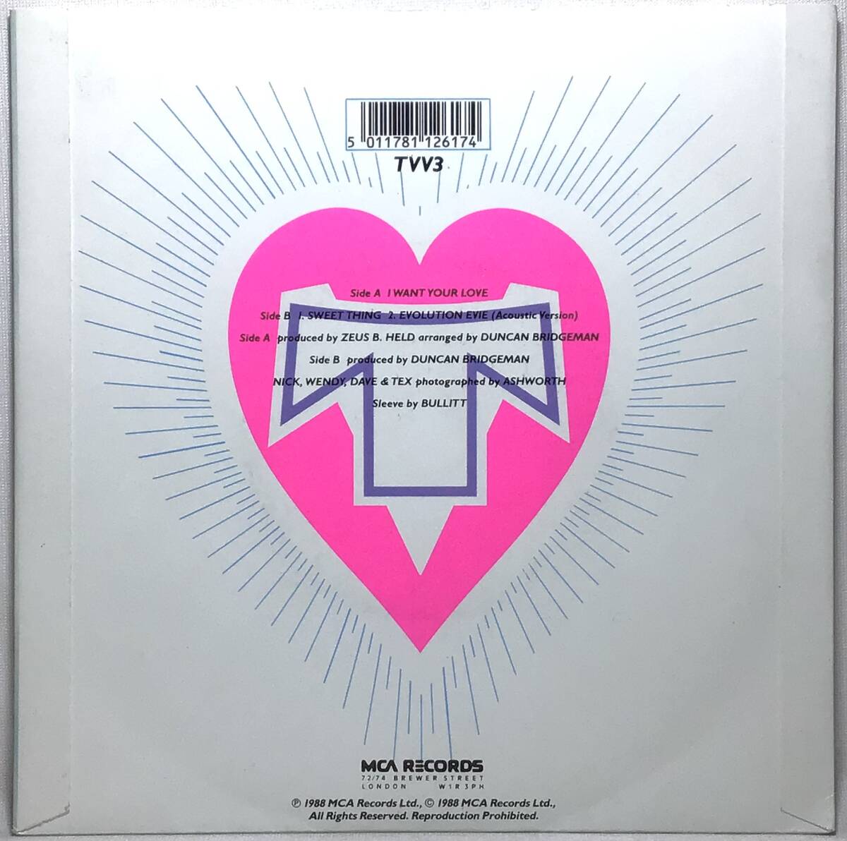 【英7】 TRANSVISION VAMP / I WANT YOUR LOVE / SWEET THING / EVOLUTION EVIE / 1988 UK盤 7インチシングルレコード EP 45 試聴済_画像2