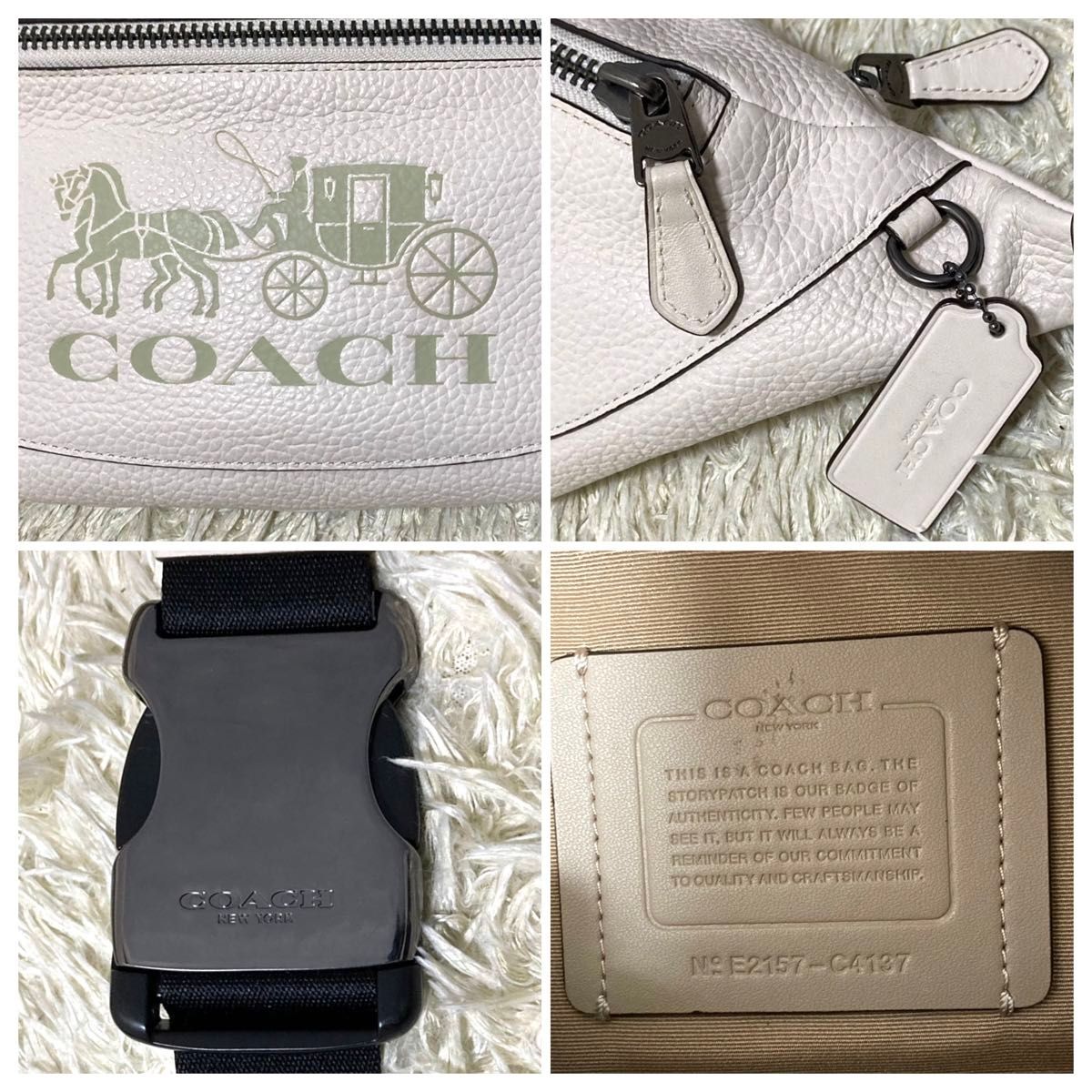 【極美品】COACH コーチ ボディバッグ レザー ホワイト 白 ホースロゴ ウエストバッグ ショルダーバッグ シボ革 2way