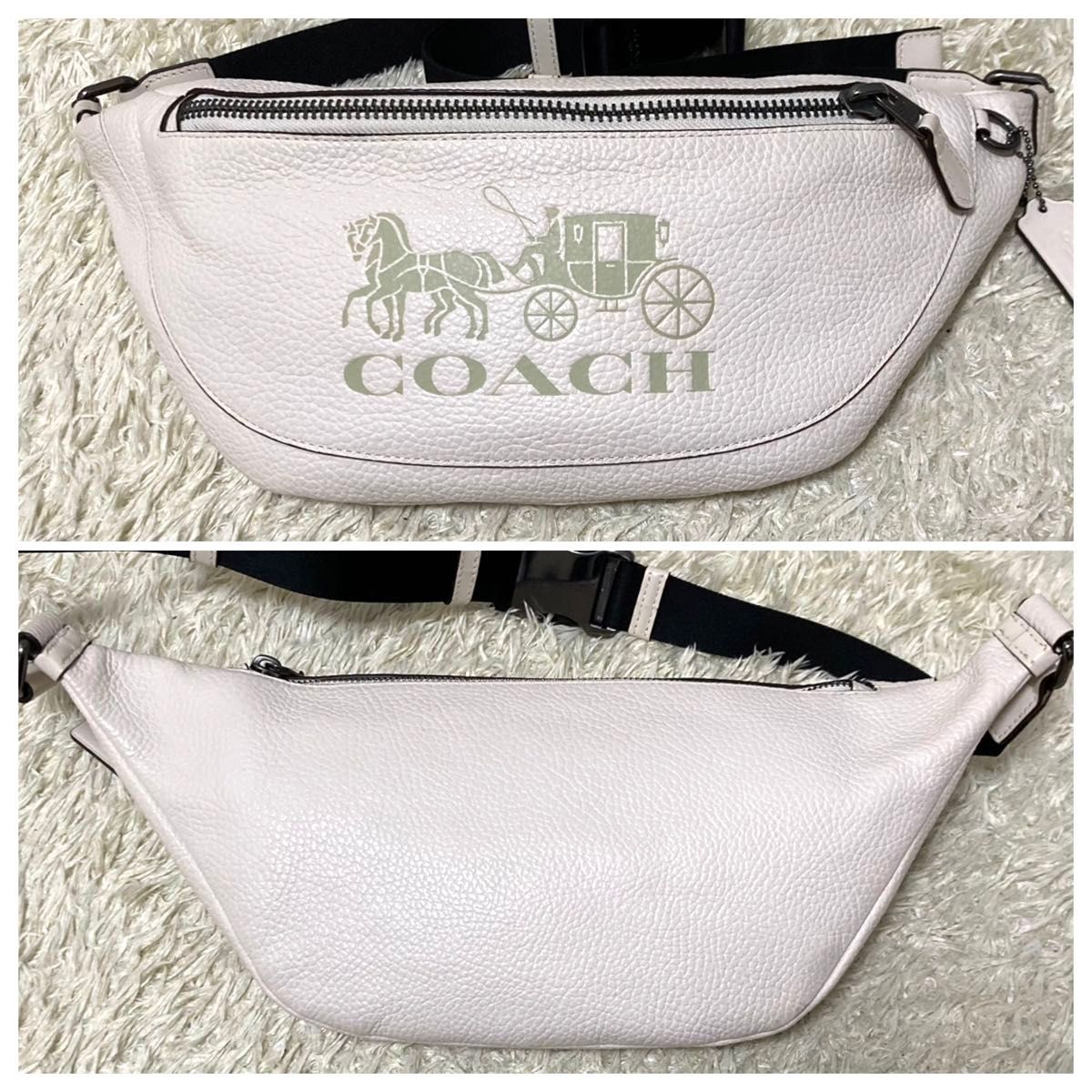 【極美品】COACH コーチ ボディバッグ レザー ホワイト 白 ホースロゴ ウエストバッグ ショルダーバッグ シボ革 2way