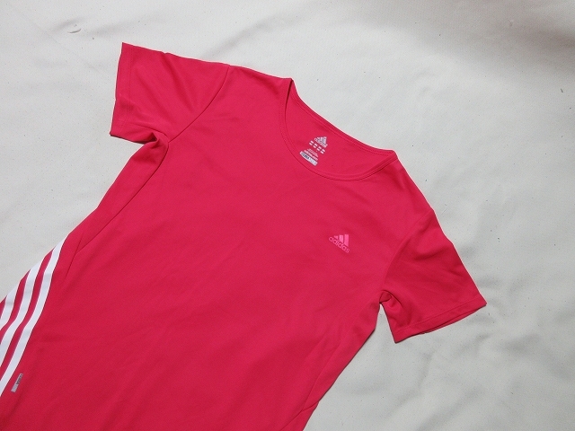 M-807★アディダス・CLIMALITE♪赤色/白ライン/半袖Tシャツ(L)★_画像2
