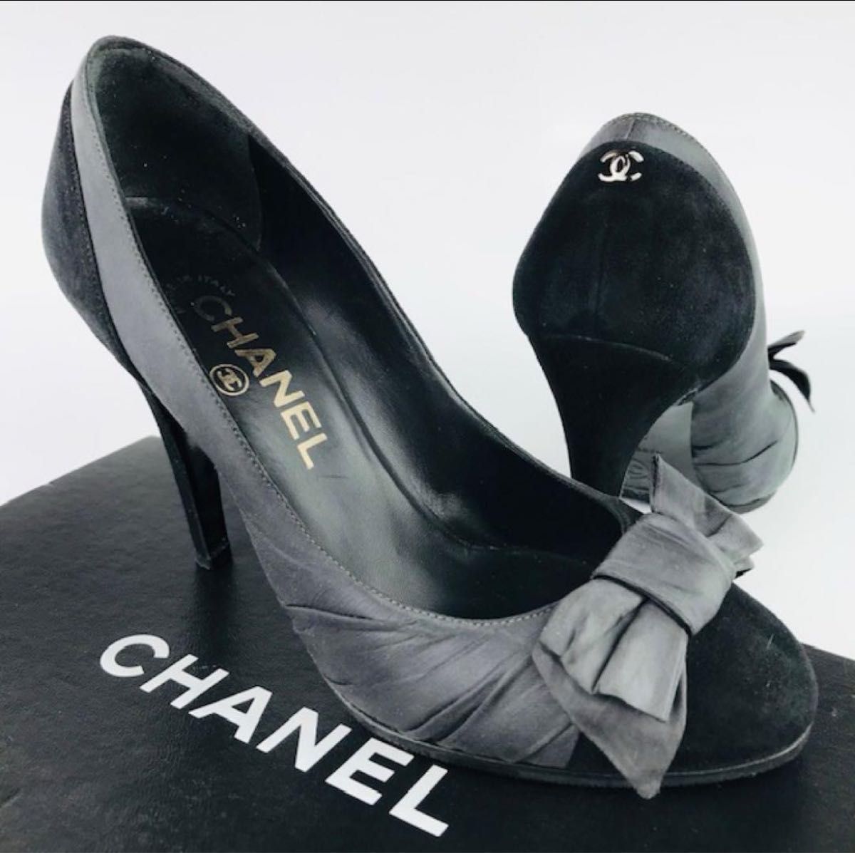 美品★CHANEL・スエードレザー切替 ココマークリボン パンプス(351/2)