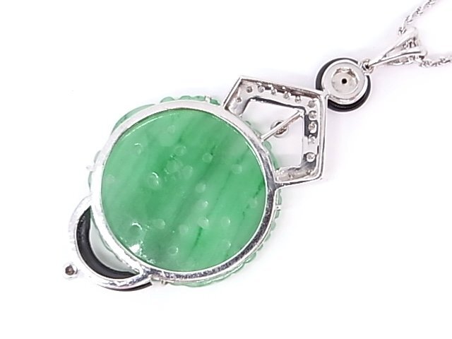 g19054 750/K18WG jade onyx diamond necklace USED beautiful goods 15.6g 46cmso-ting attaching 