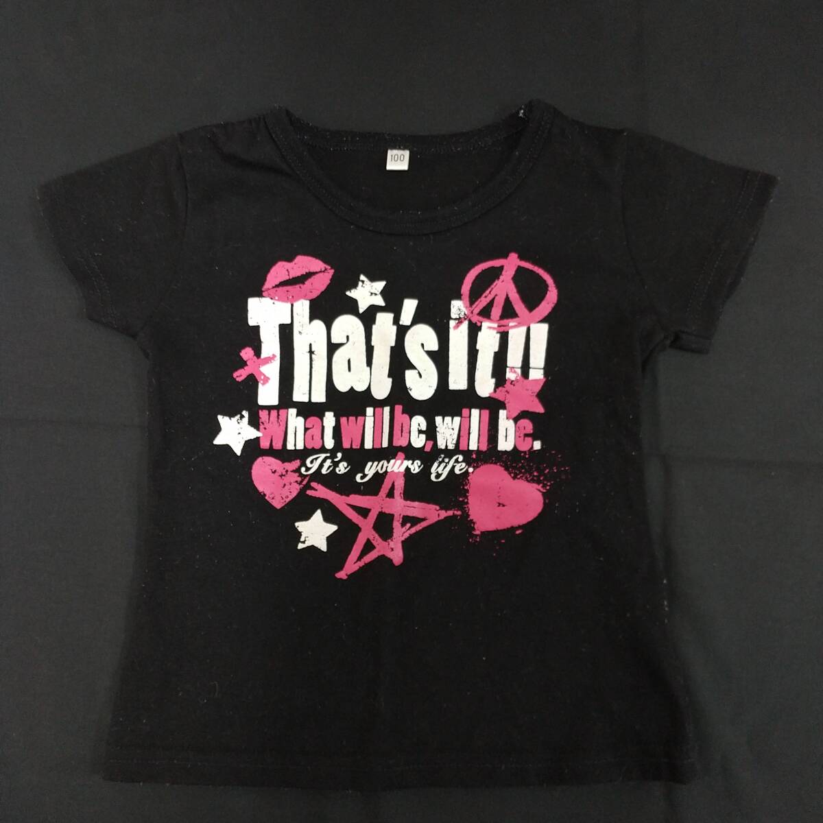 M1-01109 送料無料 【中古品】 半袖Tシャツ キッズ・女の子 100 黒 全体的に毛玉あり・タグに記名あり G_画像1