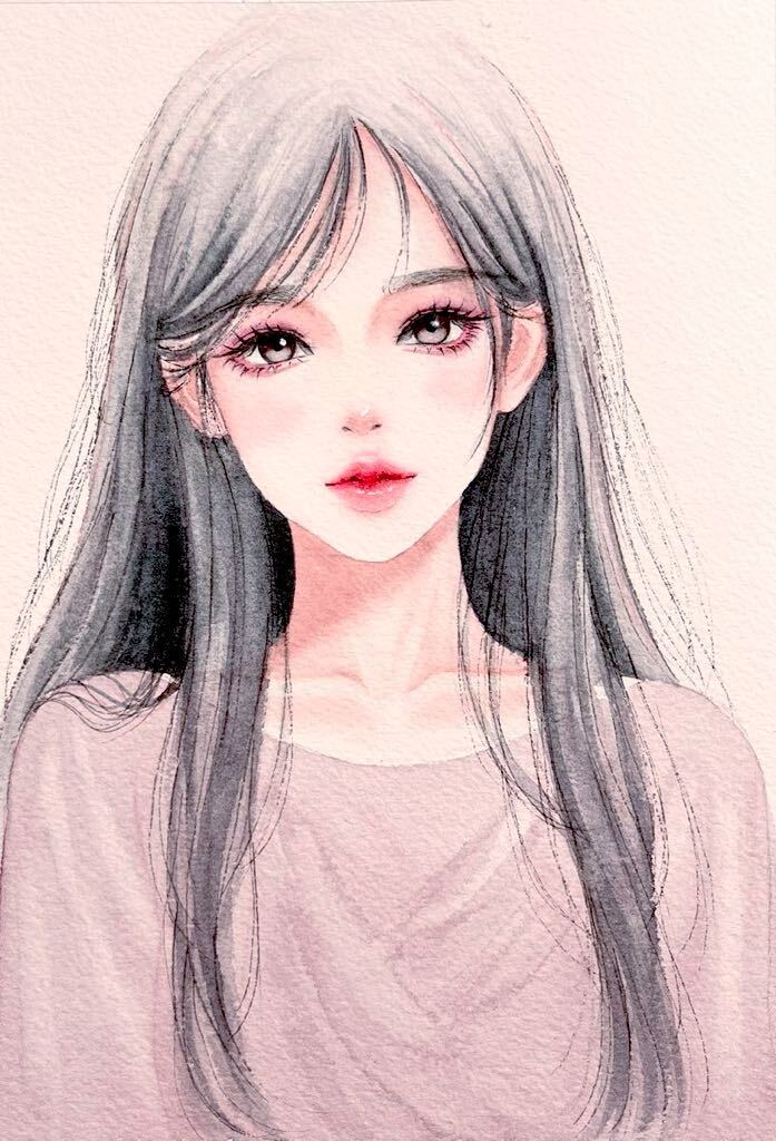 手描きイラスト　水彩画　原画　ストレートヘアの女の子2_画像1