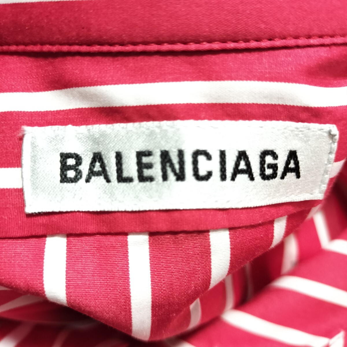 美品 BALENCIAGA バレンシアガ 半袖シャツ ストライプ 赤×白 ロゴプリント #34の画像7