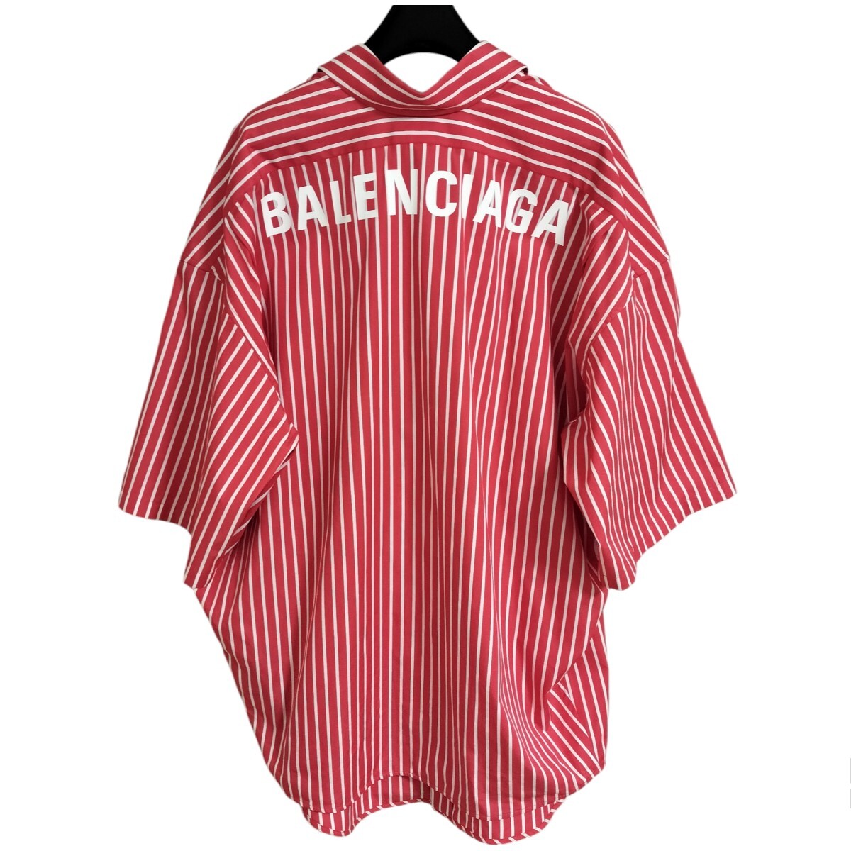 美品 BALENCIAGA バレンシアガ 半袖シャツ ストライプ 赤×白 ロゴプリント #34の画像1