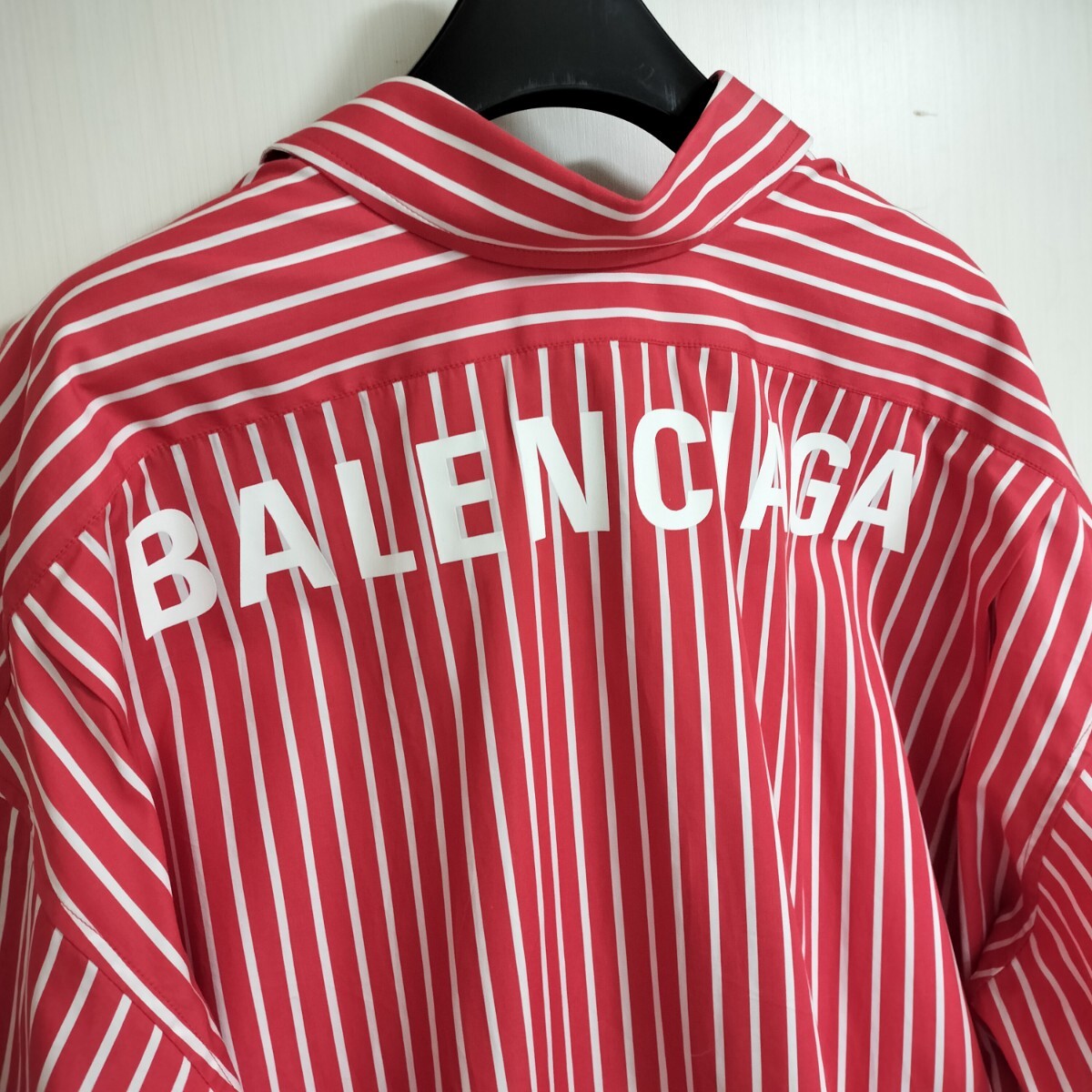 美品 BALENCIAGA バレンシアガ 半袖シャツ ストライプ 赤×白 ロゴプリント #34の画像5