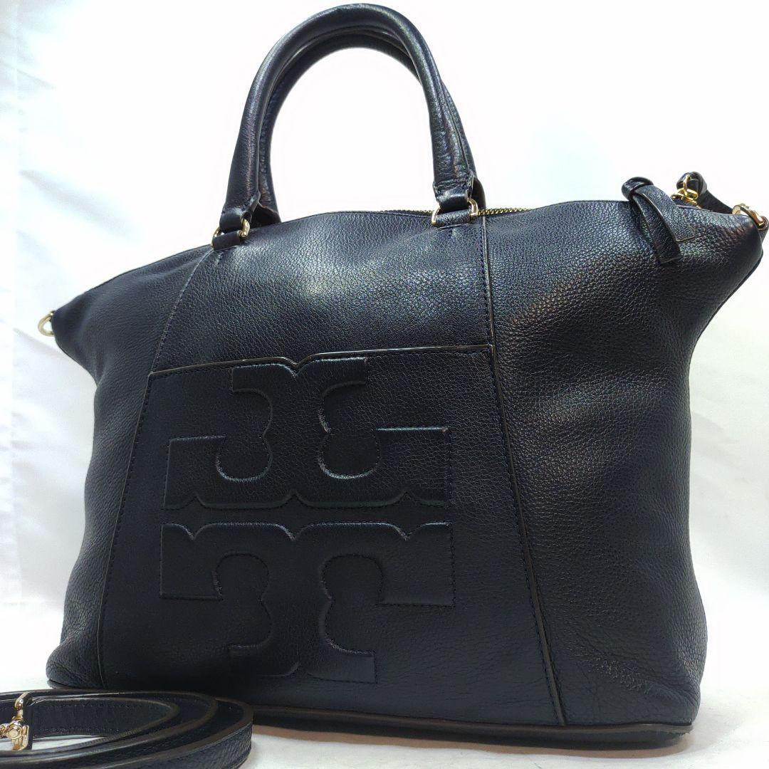 【美品】トリーバーチ Tory Burch 2way トートバッグ ショルダー レディース レザー 本革 ビジネス A4可 斜め掛け ハンド デカロゴ 紺色_画像1