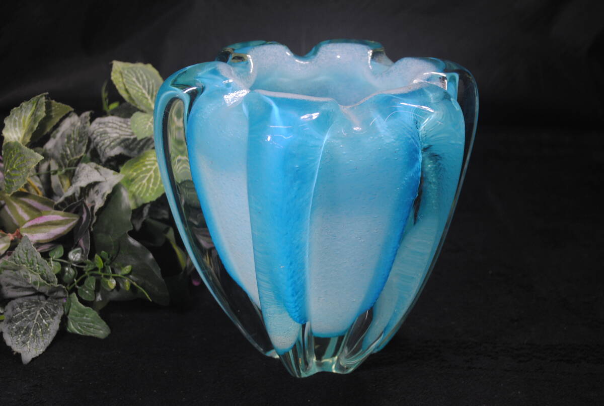 ひ120.ガラス花器 フラワーベース 花瓶 ブルー インテリア _画像1