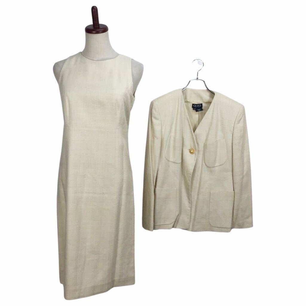  beautiful goods Vintage GUCCI Gucci lady's cream white gold button silk 100 One-piece jacket setup 42 inscription 