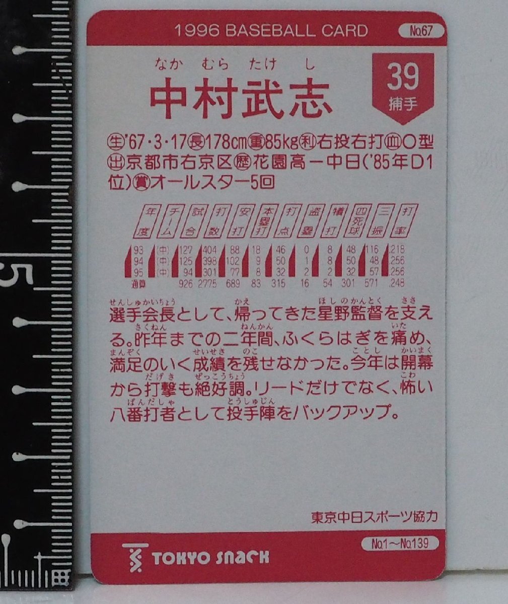 96年カルビー東京スナック プロ野球カードNo.67 レアブロック【中村 武志 捕手 中日ドラゴンズ】平成8年 1996年 当時物Calbeeおまけ食玩の画像3