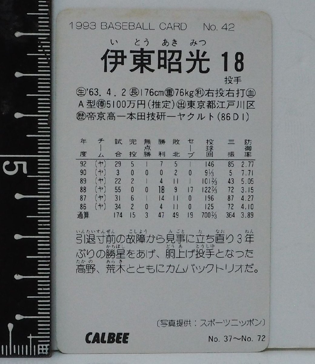 93年 カルビー プロ野球カード No.42 レアブロック【伊東 昭光 ヤクルト スワローズ】平成5年 1993年 当時物 Calbeeおまけ食玩BASEBALL中古_画像３