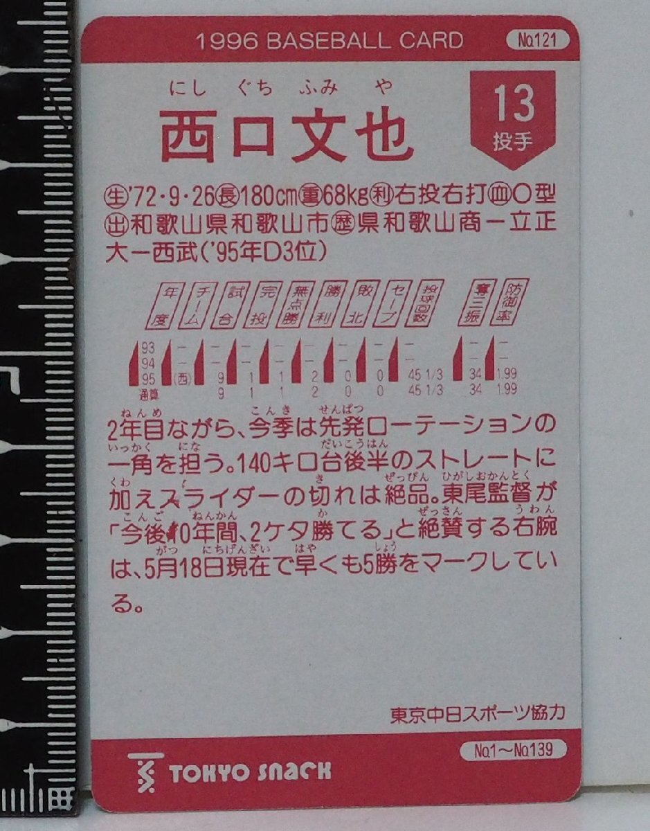 96年カルビー東京スナック プロ野球カードNo.121 レアブロック【西口 文也 投手 西武ライオンズ】平成8年 1996年 当時物Calbeeおまけ食玩の画像3