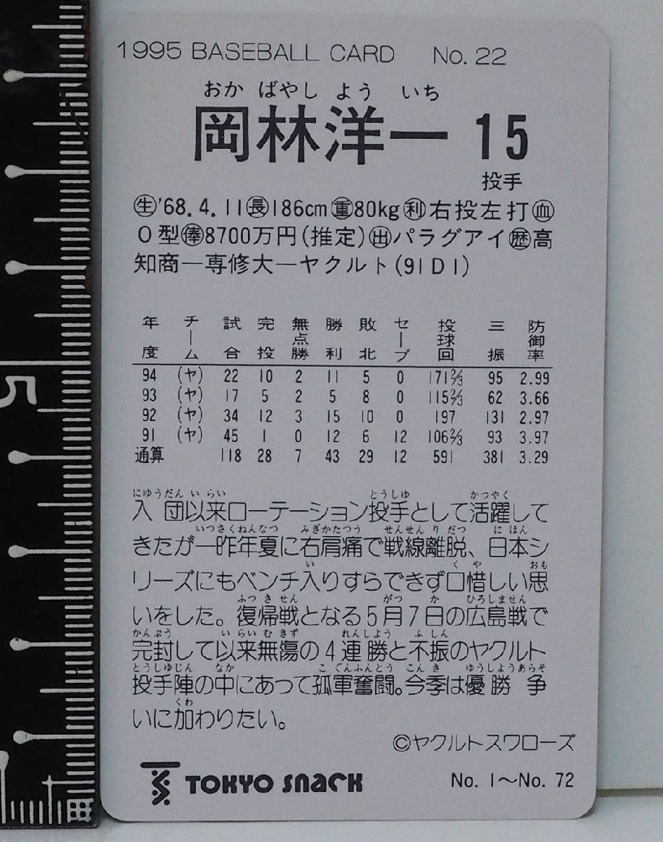 95 year Calbee Tokyo snack Professional Baseball card No.22[ hill .. one . hand Yakult swallow z] Heisei era 7 year 1995 year that time thing Calbee extra Shokugan BASEBALL