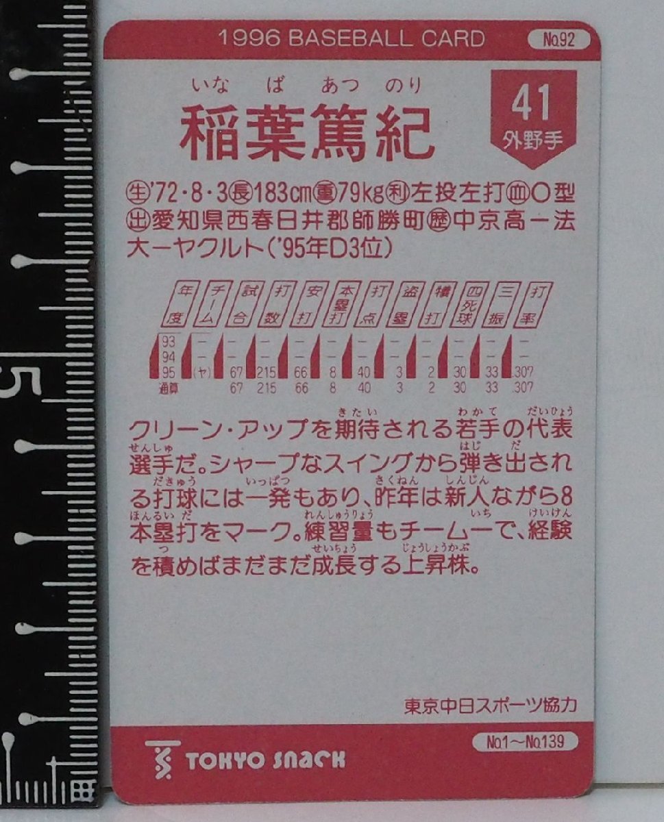 96年カルビー東京スナック プロ野球カードNo.92 レアブロック【稲葉 篤紀 外野手 ヤクルト スワローズ】平成8年 1996年 当時物Calbeeおまけの画像3