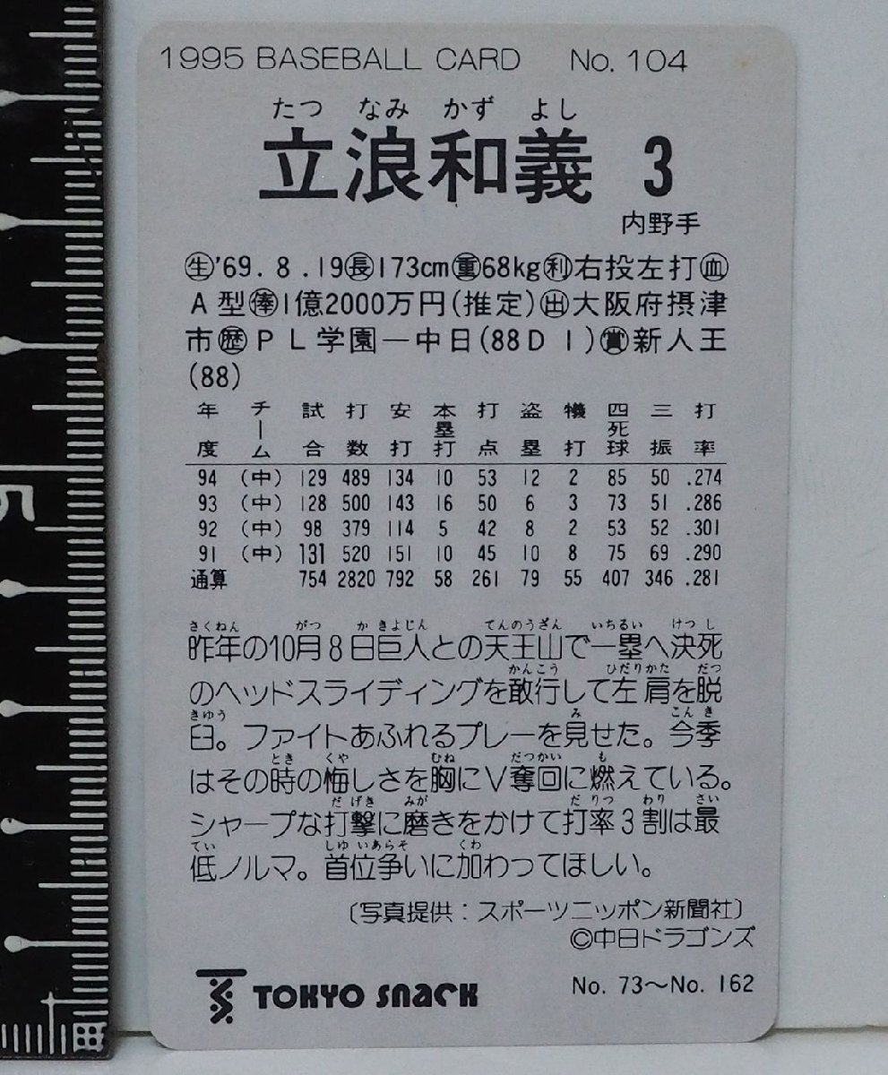 95年カルビー東京スナック プロ野球カード レアブロック No.104【立浪 和義 内野手 中日ドラゴンズ】平成7年1995年 当時物Calbeeおまけ食玩_画像３