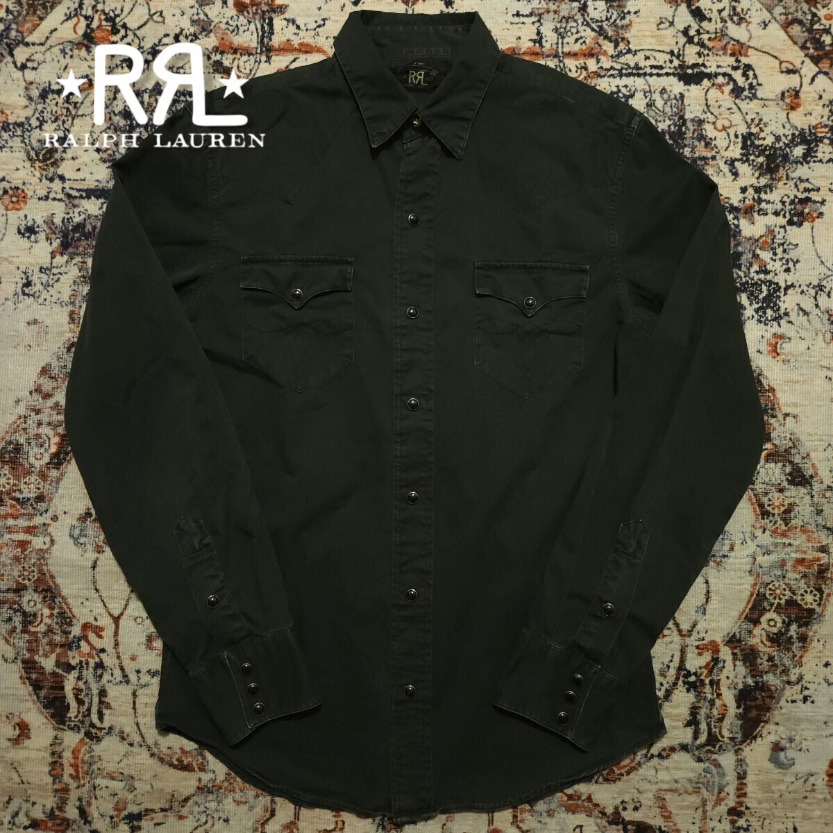 【激渋】 RRL All Black Western Shirt 【S】 オール ブラック ウエスタン シャツ 黒 シルバーコンチョ パール メダリオン Ralph Lauren_画像1