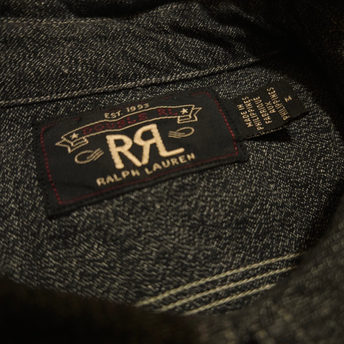 【秀逸】 RRL Black Chambray Work Shirt 【M】 ブラックシャンブレー ワークシャツ ごま塩 メタル猫目ボタン 黒 マチ付き Ralph Lauren_画像3