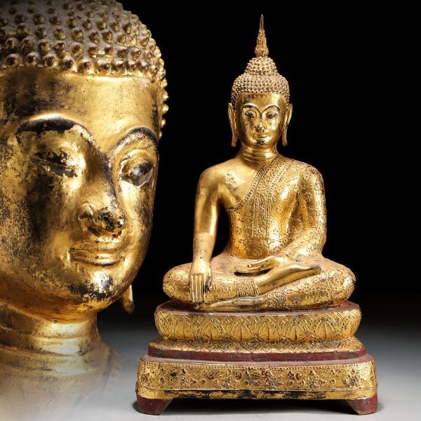 Y316. タイ仏教美術 金彩 古銅 仏像 坐像 泰国佛 高さ51.5cm / 金工美術彫刻美術置物飾り物_画像1