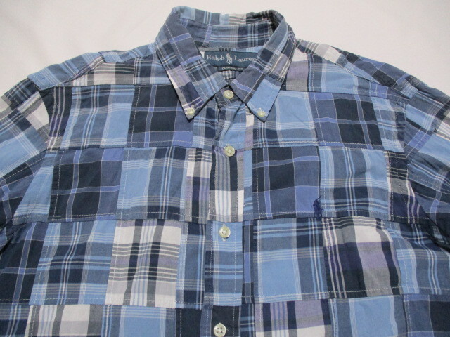 ラルフローレン CUSTOM FIT パッチワークシャツ 水×紺 M 175の画像4