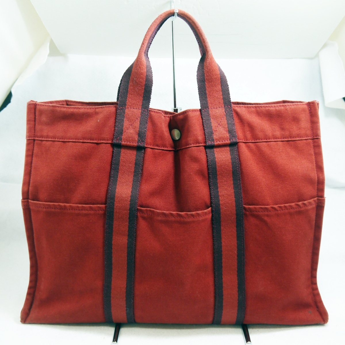 USED品・保管品 HERMES エルメス フールトゥMM レッド系 キャンバス ハンドバッグ 現状品 ダメージ大_画像1