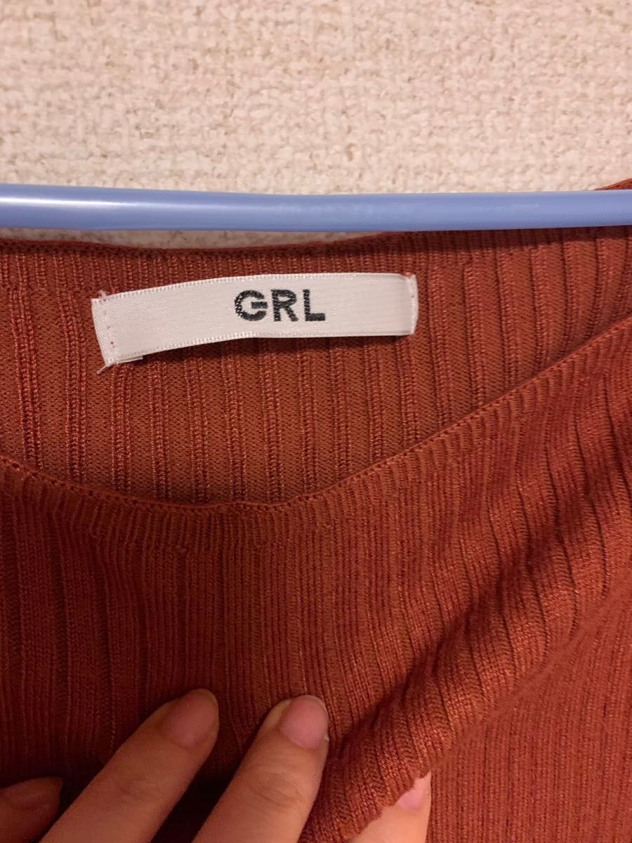 GRL グレイル　春夏ニット　スクエアネックリブニット　半袖 5部袖　ブラウン　サマーニット